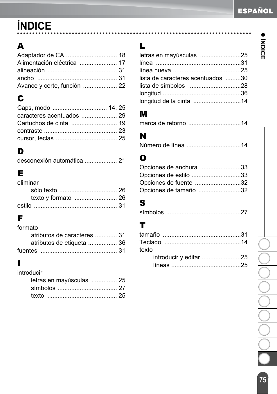 Índice, P. 75 | Brother PT-2100 User Manual | Page 159 / 161