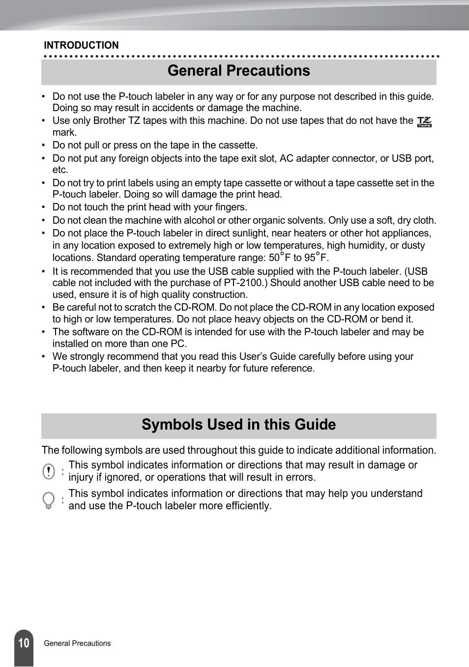 General precautions, Symbols used in this guide, General precautions symbols used in this guide | Brother PT-2100 User Manual | Page 16 / 161