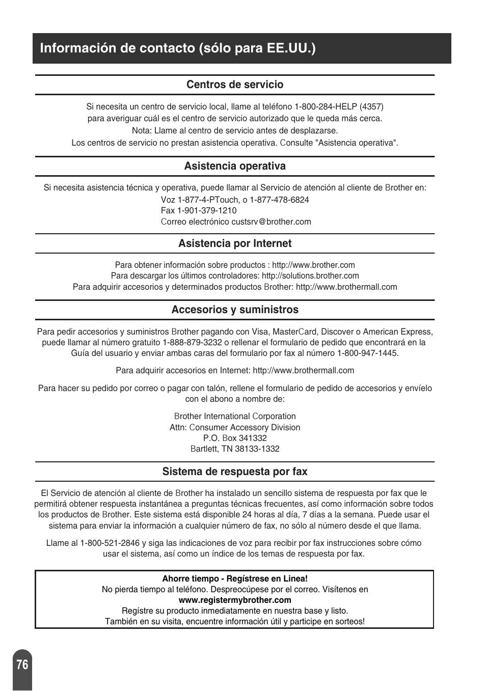 Información de contacto (sólo para ee.uu.) | Brother PT-2100 User Manual | Page 160 / 161