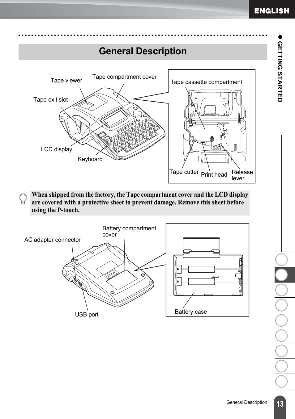 General description | Brother PT-2100 User Manual | Page 19 / 161