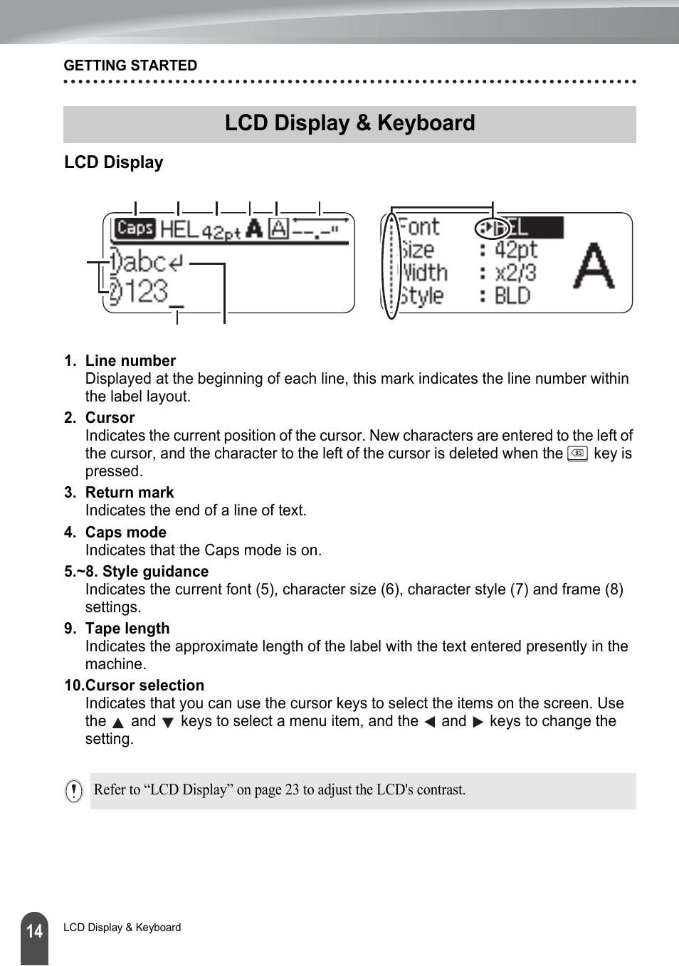 Lcd display & keyboard, Lcd display | Brother PT-2100 User Manual | Page 20 / 161