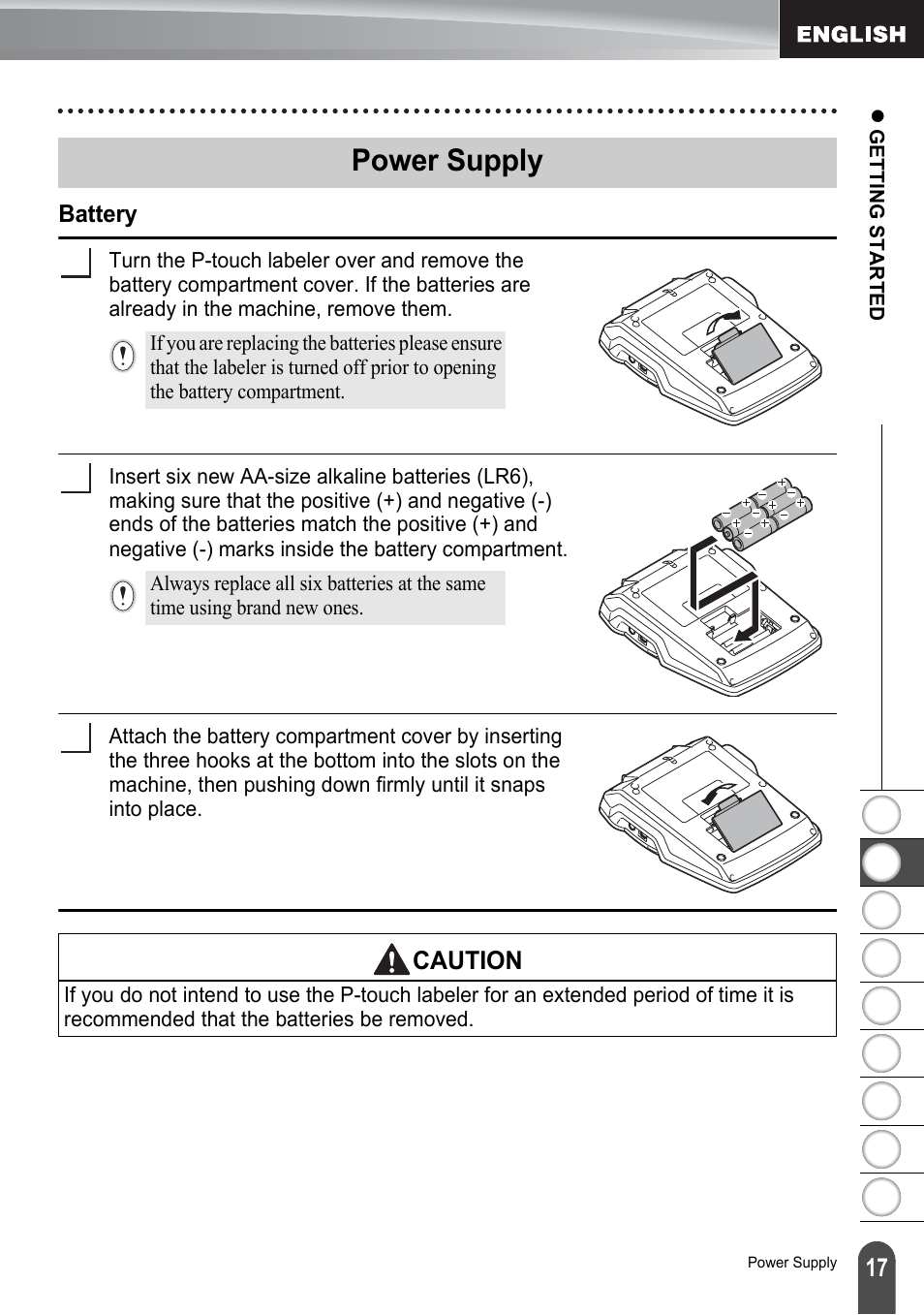 Power supply, Battery, P. 17 | Brother PT-2100 User Manual | Page 23 / 161