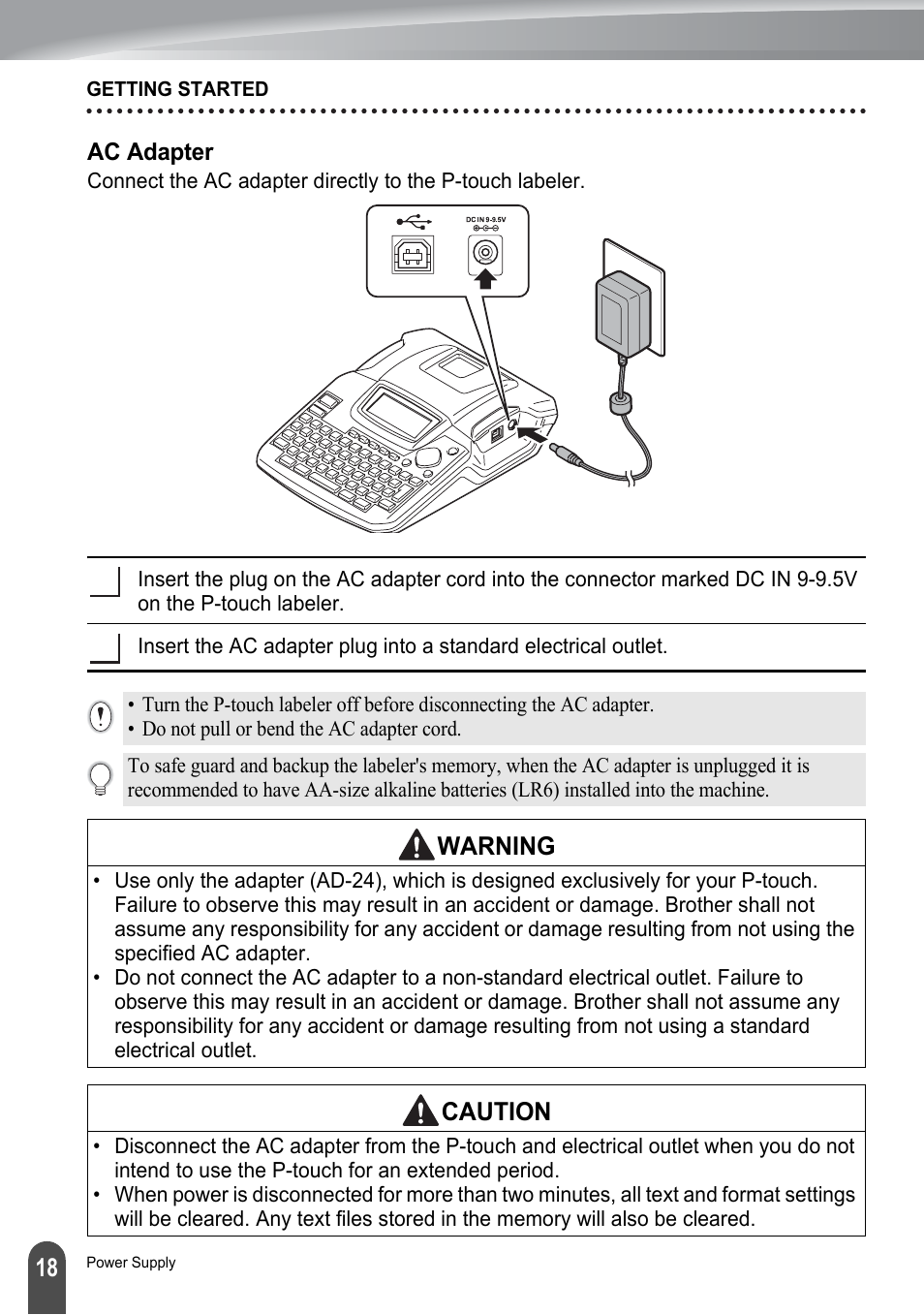 Ac adapter, Warning, Caution | Brother PT-2100 User Manual | Page 24 / 161