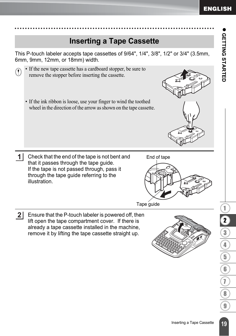 Inserting a tape cassette, P. 19 | Brother PT-2100 User Manual | Page 25 / 161