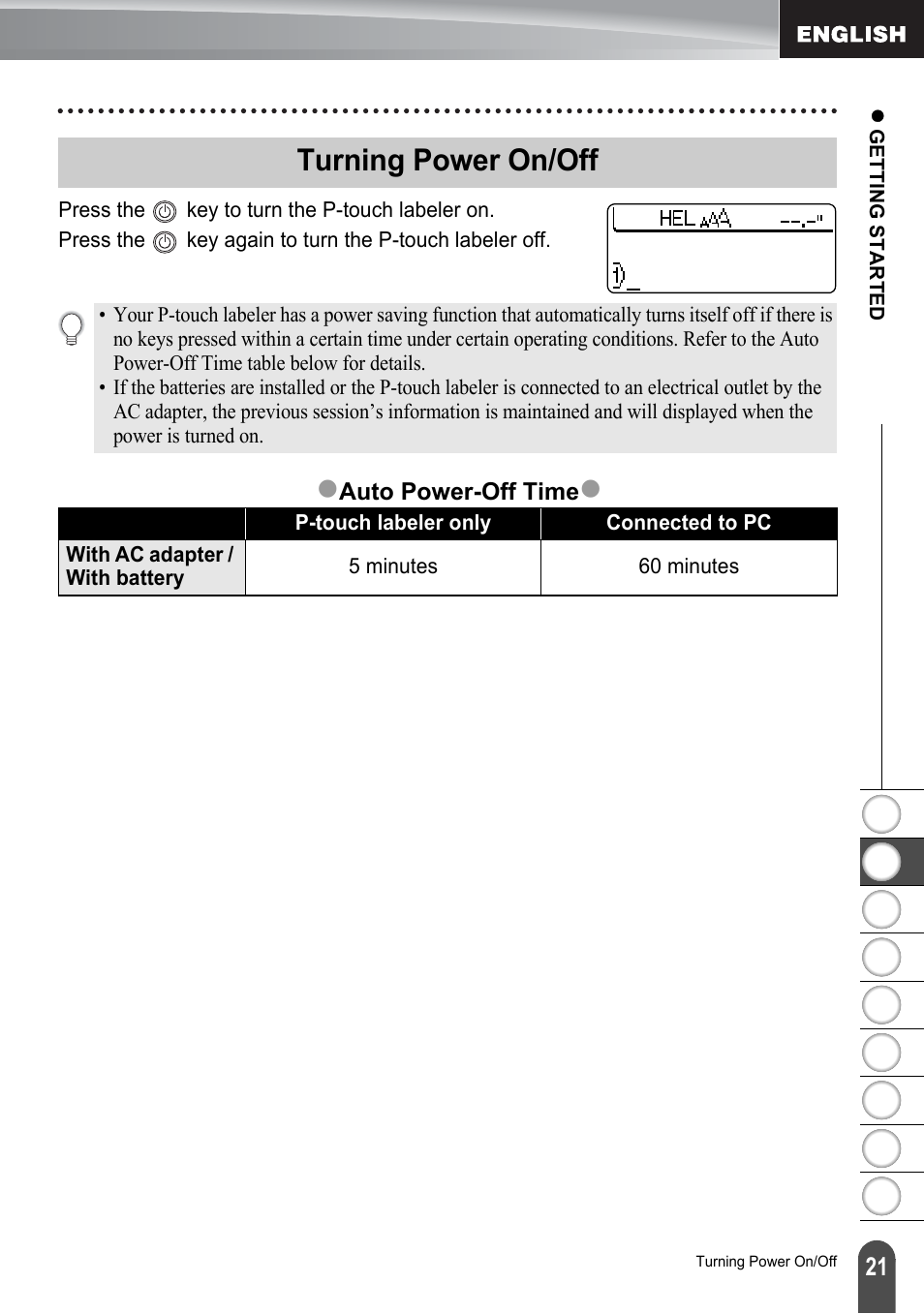 Turning power on/off, P. 21, Zturning power on/off | Brother PT-2100 User Manual | Page 27 / 161