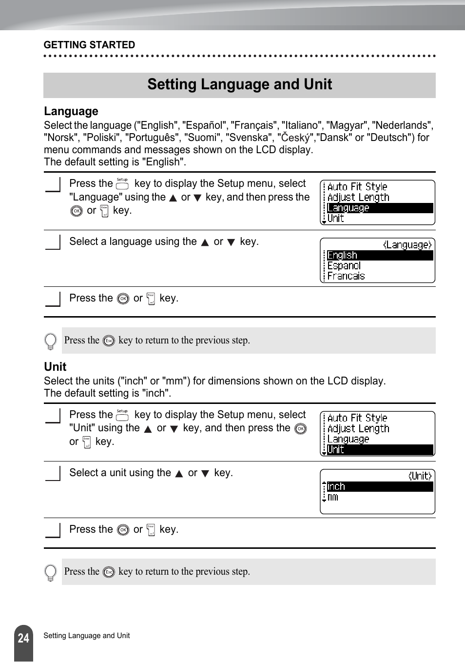 Setting language and unit, Language, Unit | Language unit | Brother PT-2100 User Manual | Page 30 / 161