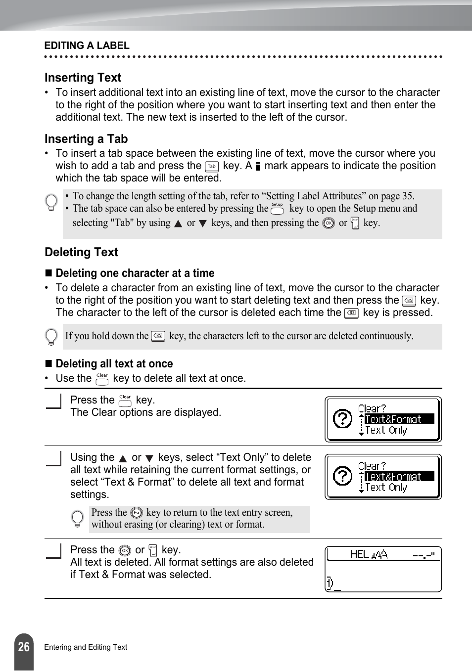 Inserting text, Inserting a tab, Deleting text | Inserting text inserting a tab deleting text | Brother PT-2100 User Manual | Page 32 / 161