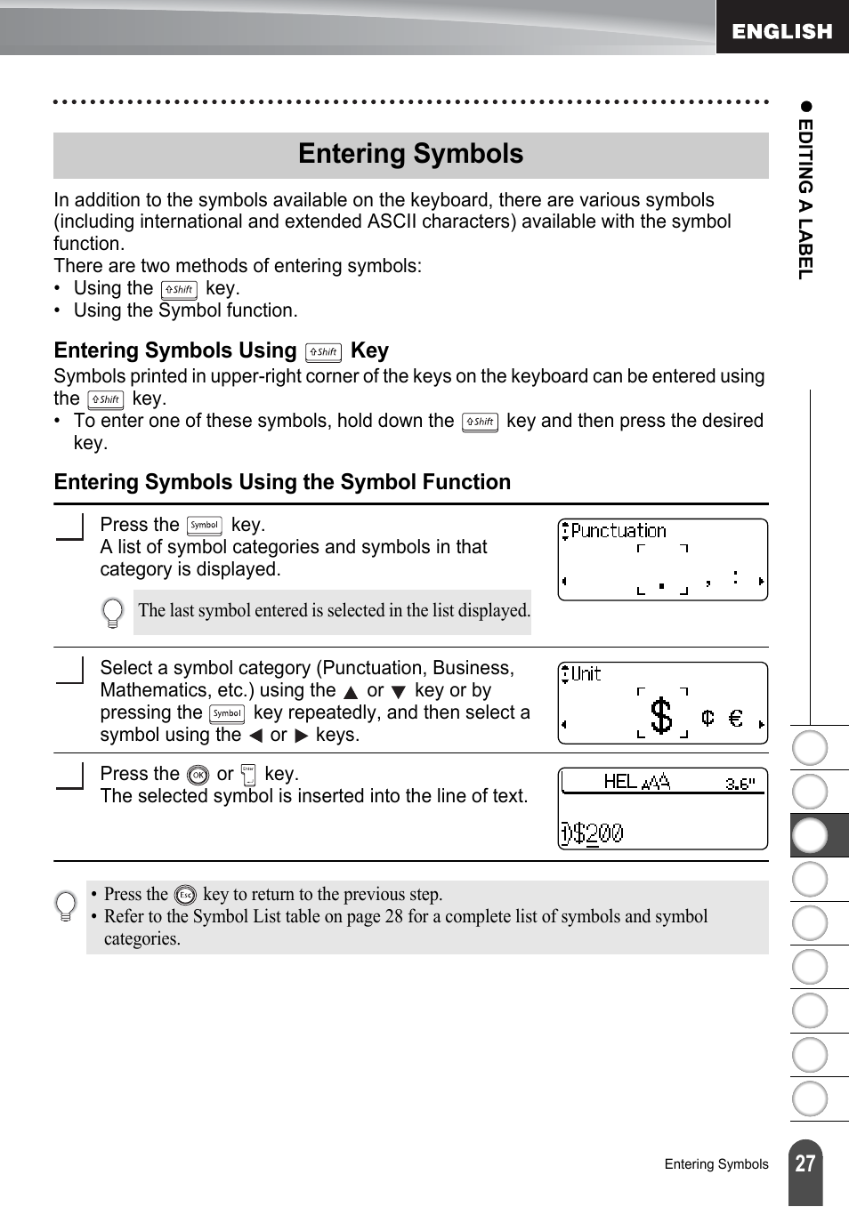Entering symbols, Entering symbols using key, Entering symbols using the symbol function | Brother PT-2100 User Manual | Page 33 / 161