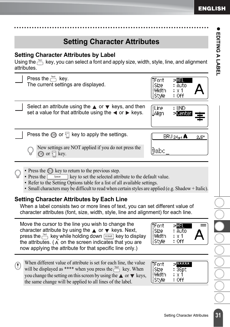 Setting character attributes, Setting character attributes by label, Setting character attributes by each line | P. 31 | Brother PT-2100 User Manual | Page 37 / 161