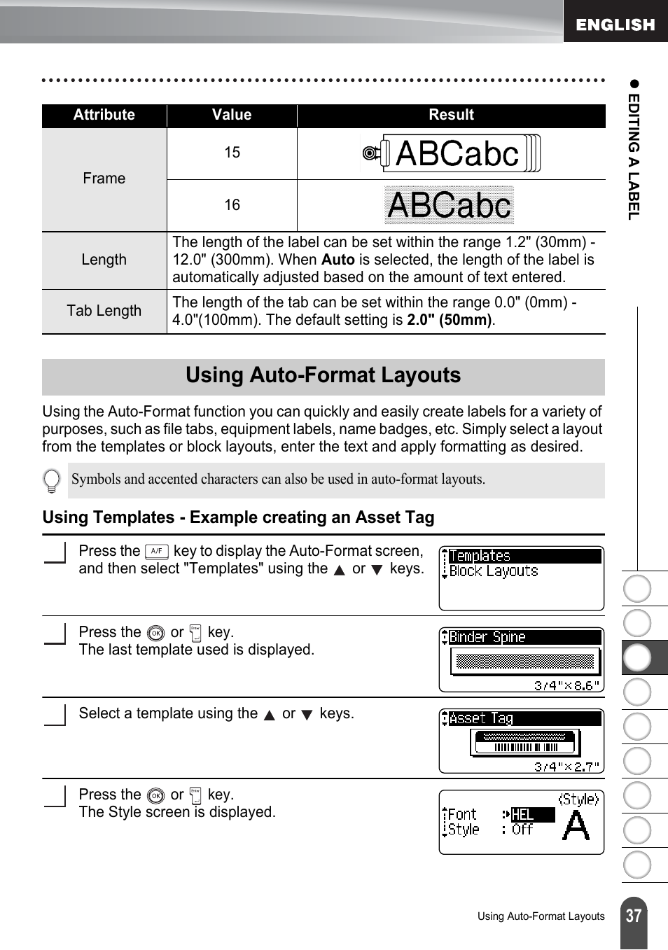 Using auto-format layouts, Using templates - example creating an asset tag, P. 37 | Brother PT-2100 User Manual | Page 43 / 161