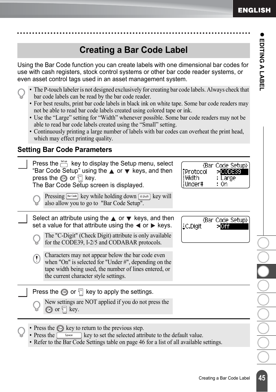 Creating a bar code label, Setting bar code parameters | Brother PT-2100 User Manual | Page 51 / 161