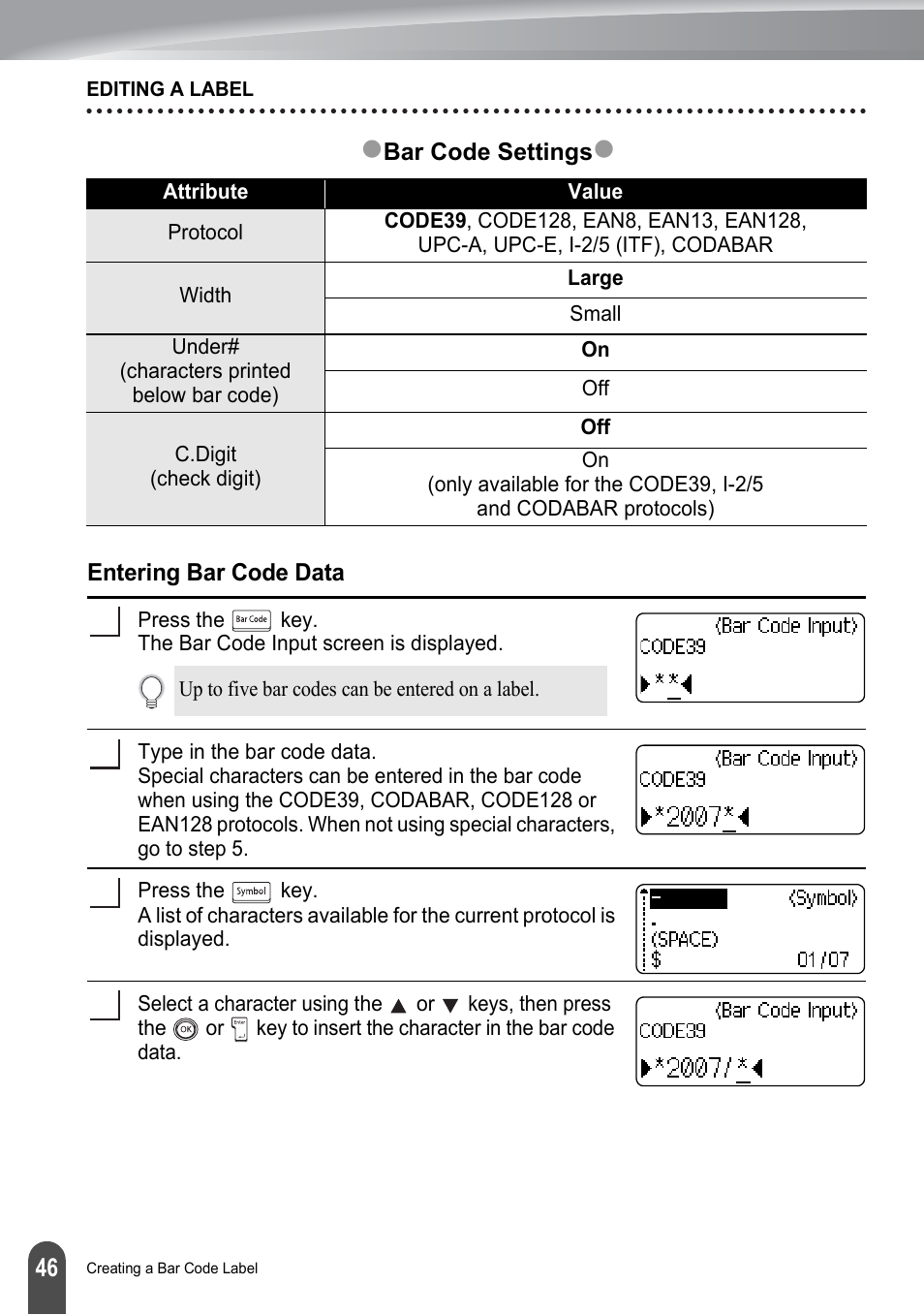 Entering bar code data | Brother PT-2100 User Manual | Page 52 / 161