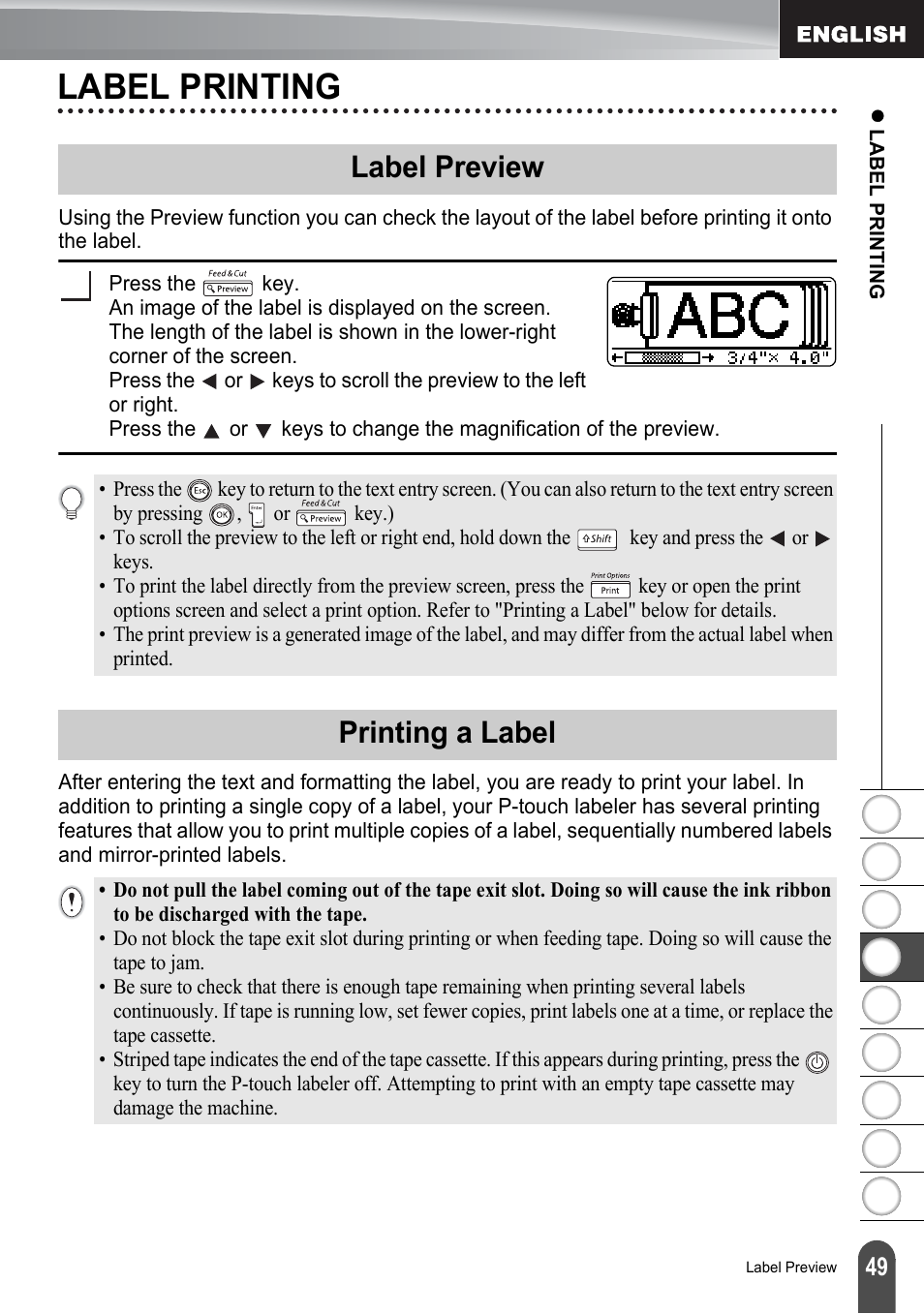 Label printing, Label preview, Printing a label | Label preview printing a label, P. 49 | Brother PT-2100 User Manual | Page 55 / 161