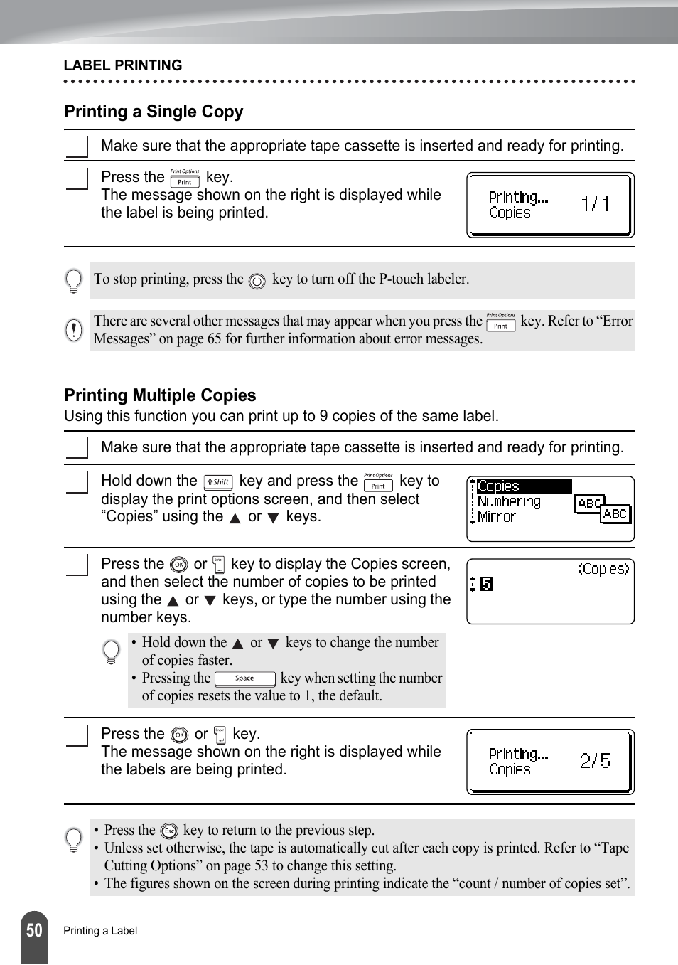 Printing a single copy, Printing multiple copies, Printing a single copy printing multiple copies | P. 50 | Brother PT-2100 User Manual | Page 56 / 161