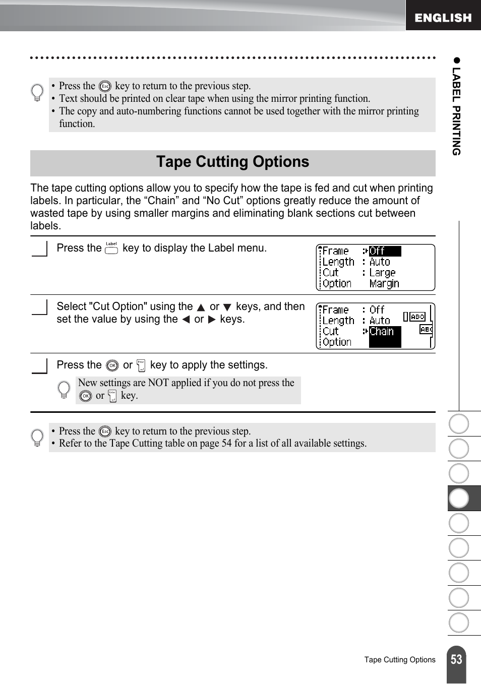 Tape cutting options, P. 53, Fer to “tape | Brother PT-2100 User Manual | Page 59 / 161