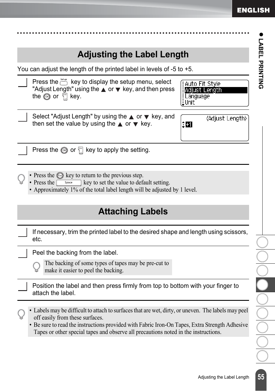 Adjusting the label length, Attaching labels, Adjusting the label length attaching labels | Adjusting the | Brother PT-2100 User Manual | Page 61 / 161