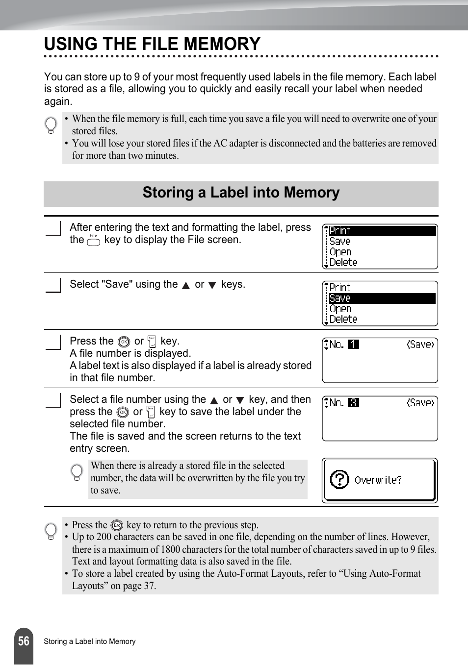 Using the file memory, Storing a label into memory, P. 56 | Brother PT-2100 User Manual | Page 62 / 161