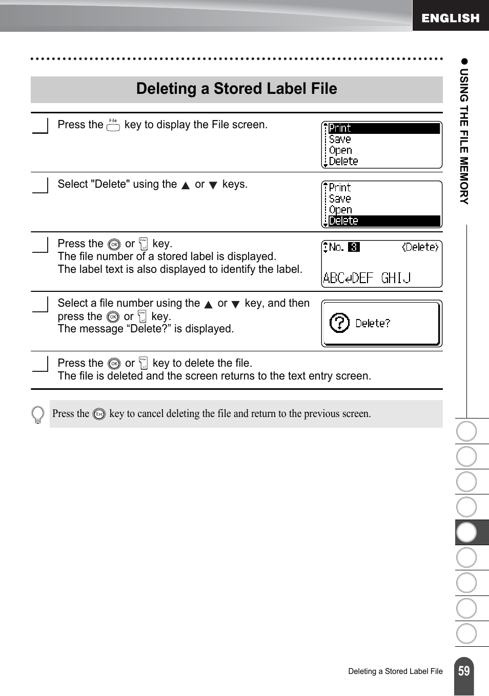 Deleting a stored label file | Brother PT-2100 User Manual | Page 65 / 161