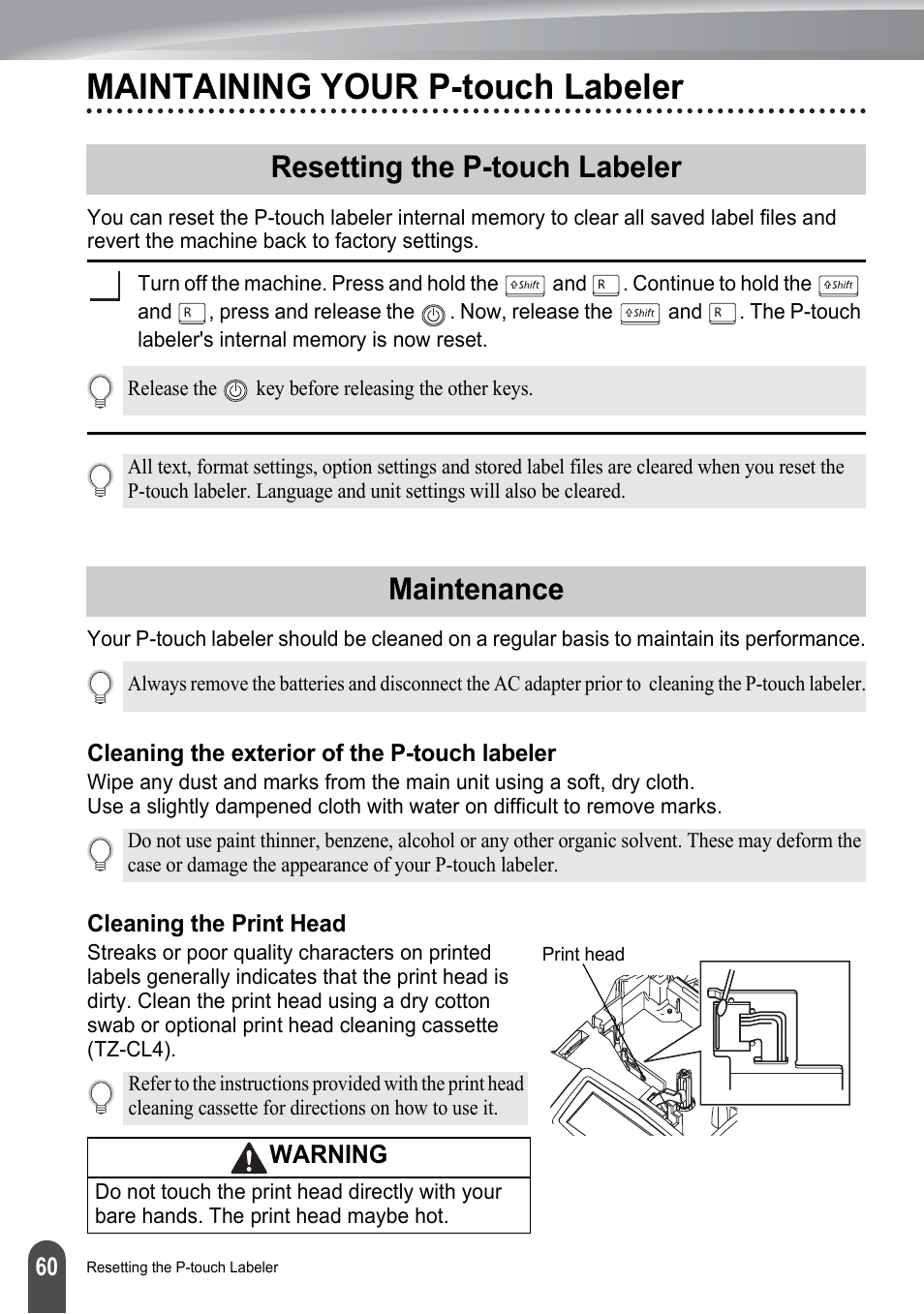 Maintaining your p-touch labeler, Resetting the p-touch labeler, Maintenance | Cleaning the exterior of the p-touch labeler, Cleaning the print head, Resetting the p-touch labeler maintenance | Brother PT-2100 User Manual | Page 66 / 161