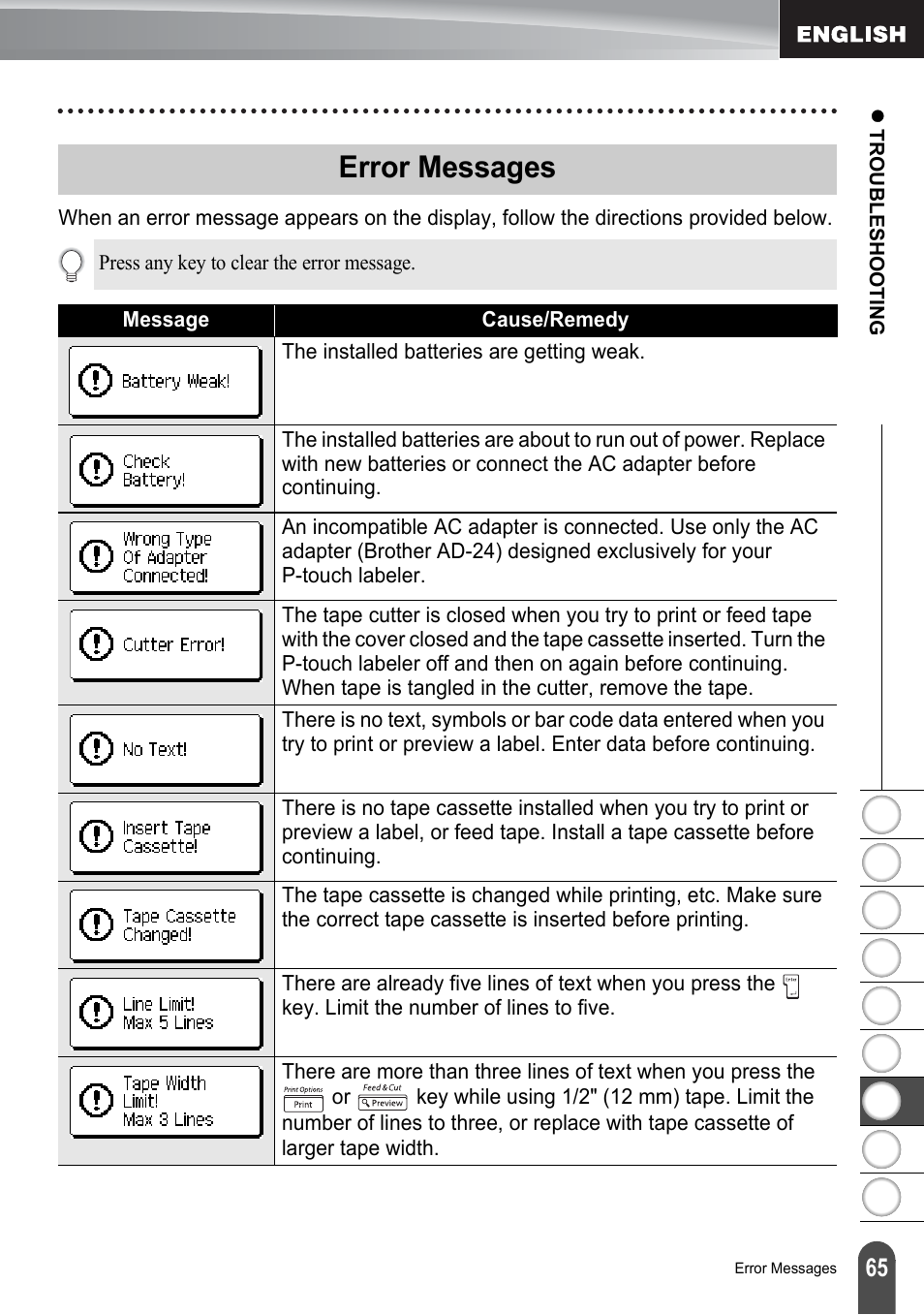 Error messages, To “error | Brother PT-2100 User Manual | Page 71 / 161