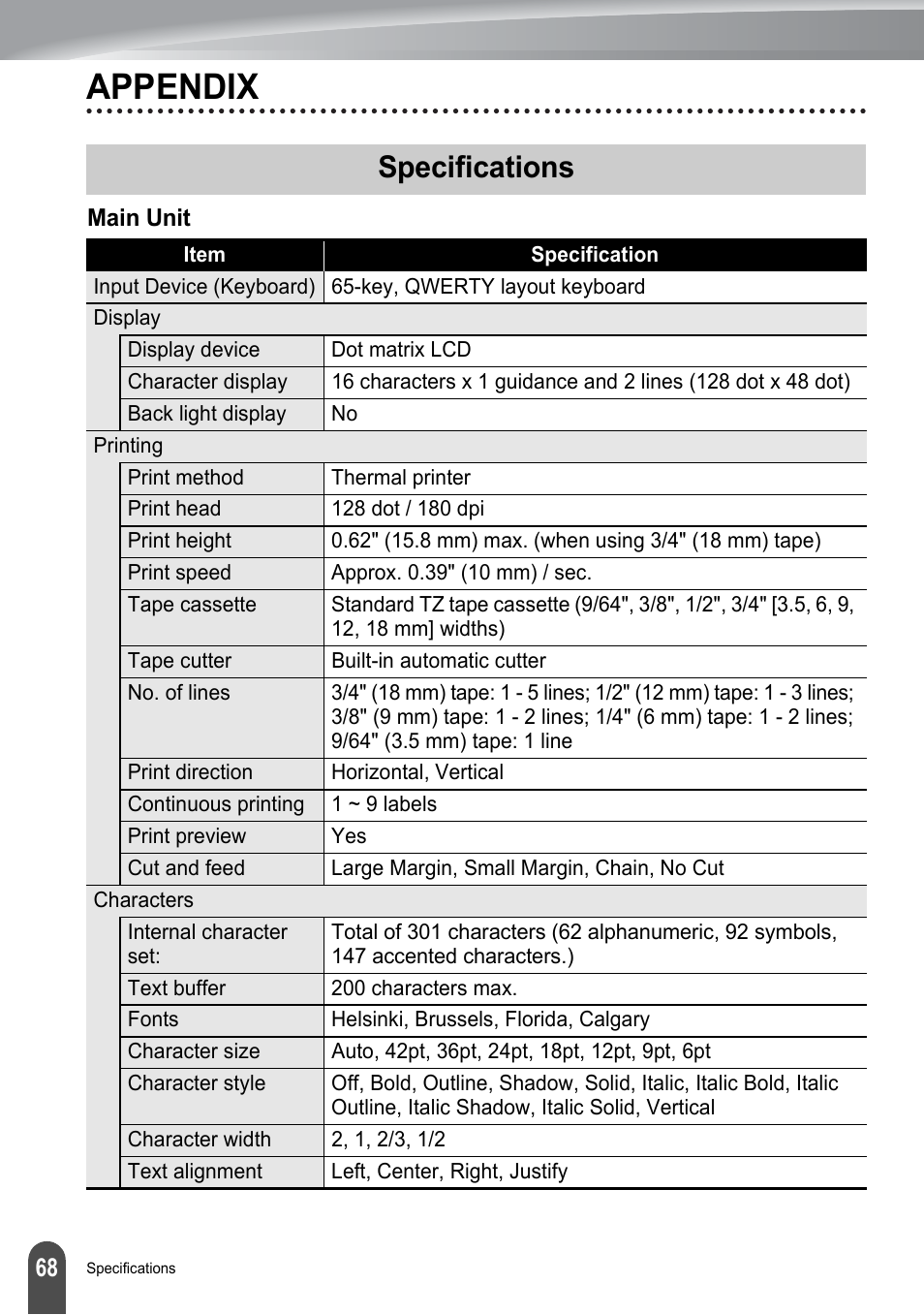 Appendix, Specifications | Brother PT-2100 User Manual | Page 74 / 161