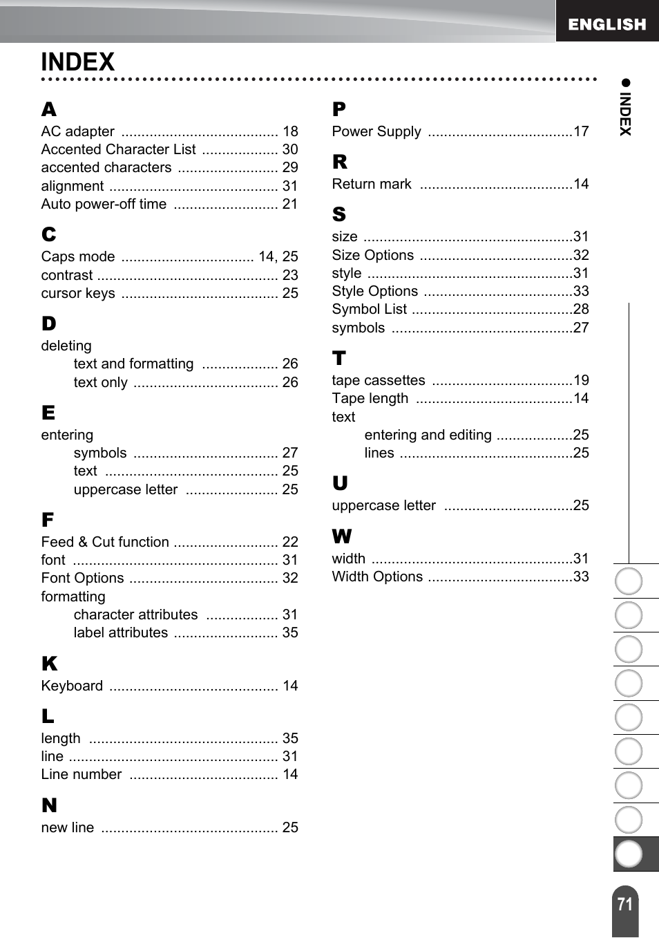 Index | Brother PT-2100 User Manual | Page 77 / 161