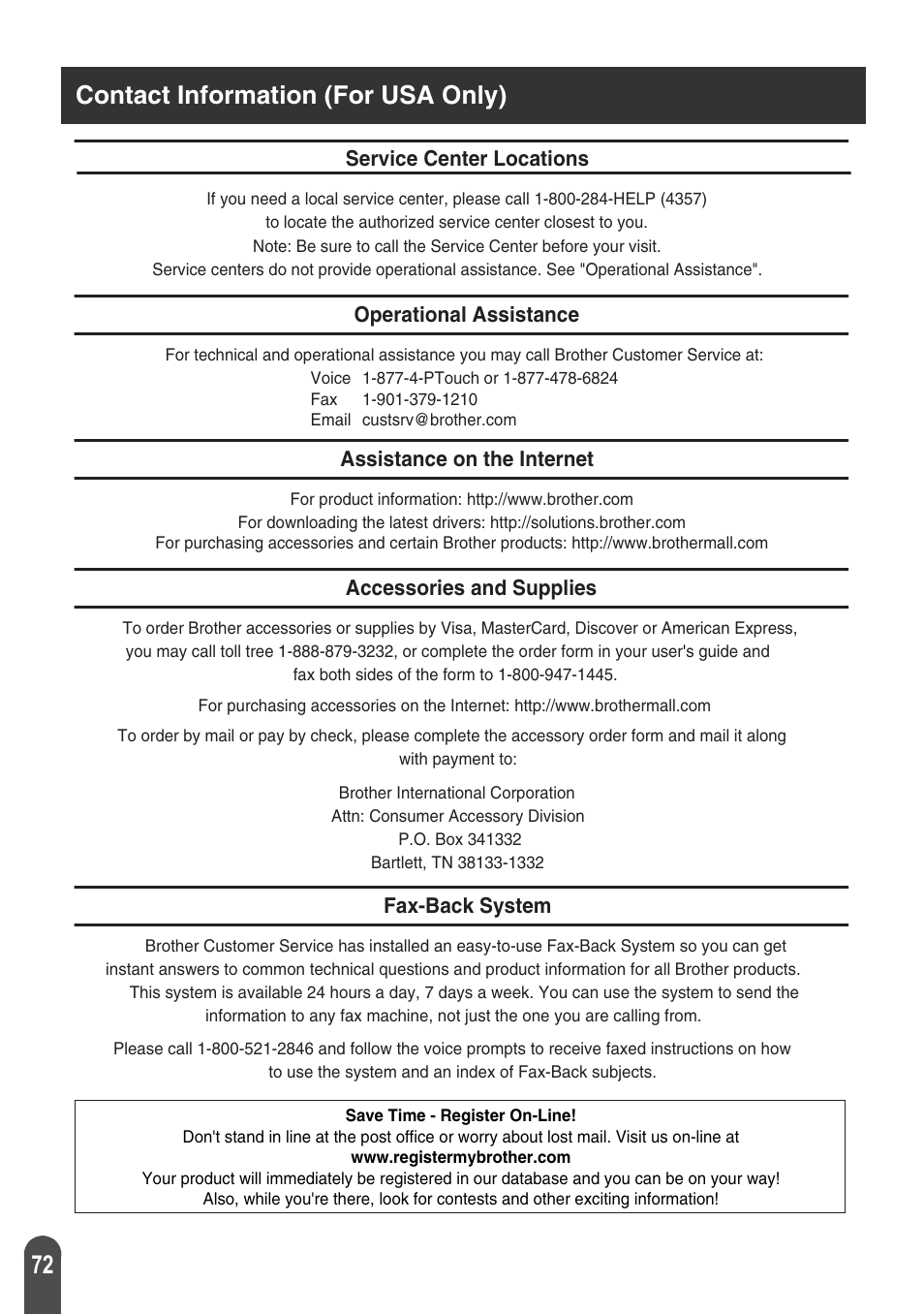 Contact information (for usa only), Service center locations, Operational assistance | Assistance on the internet, Accessories and supplies, Fax-back system | Brother PT-2100 User Manual | Page 78 / 161