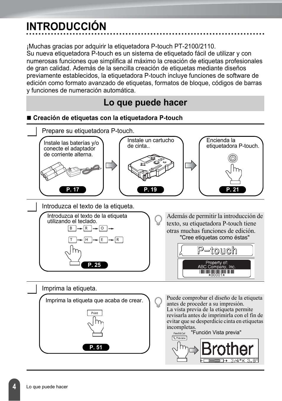 Introducción, Lo que puede hacer, P. 4 | Brother PT-2100 User Manual | Page 88 / 161