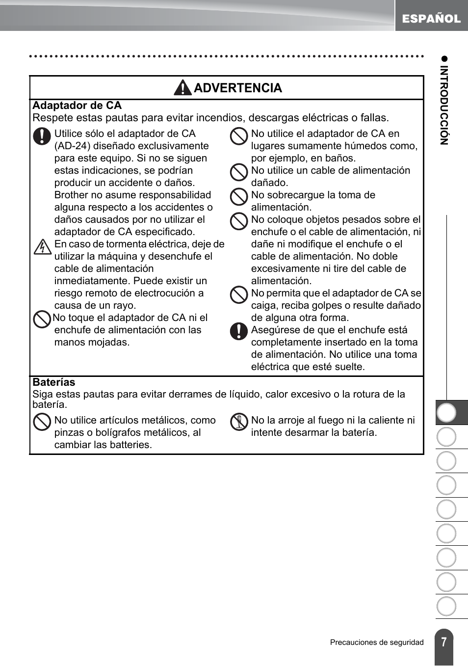 Advertencia | Brother PT-2100 User Manual | Page 91 / 161