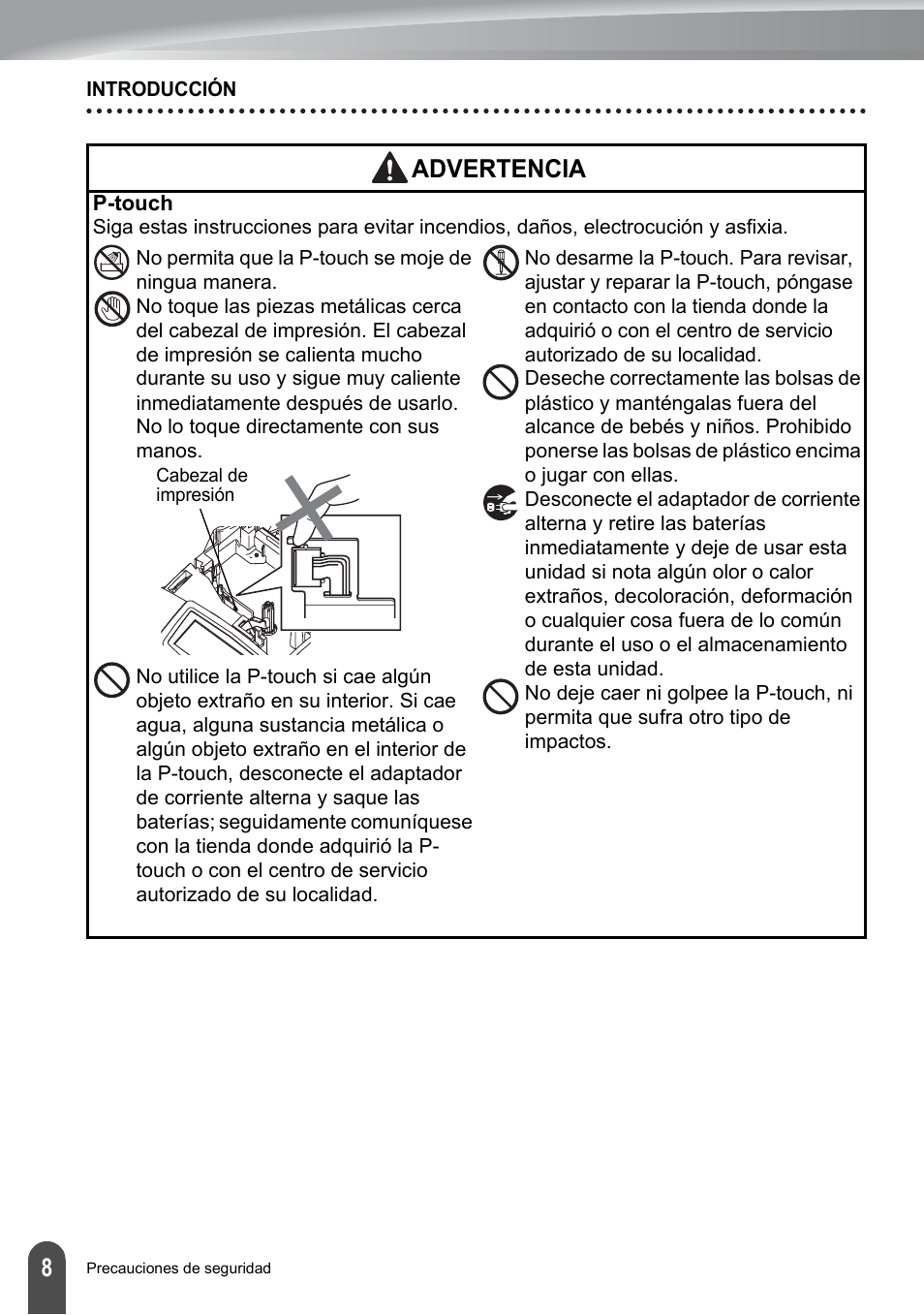 Advertencia | Brother PT-2100 User Manual | Page 92 / 161