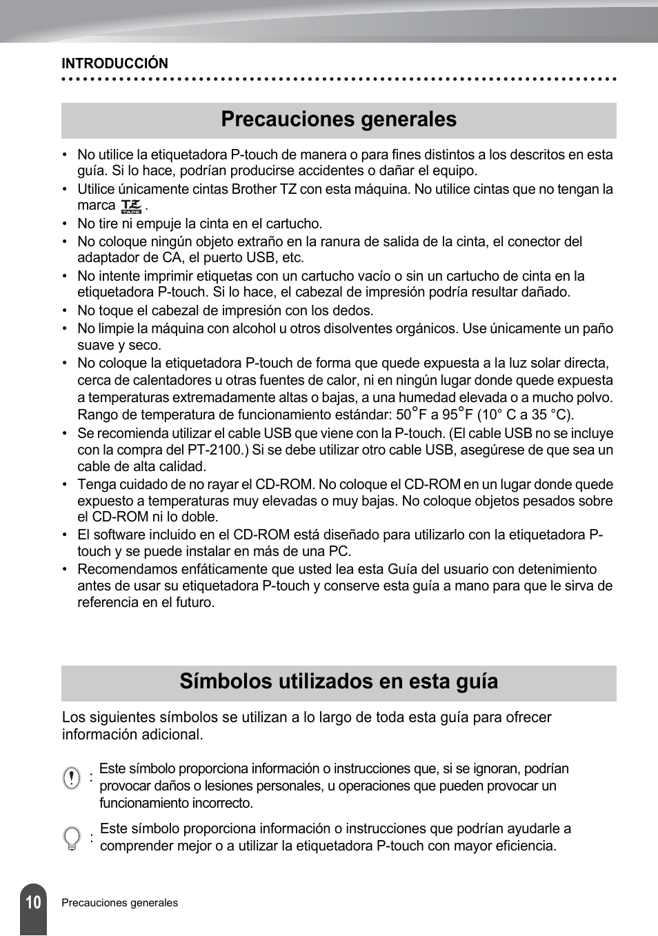 Precauciones generales, Símbolos utilizados en esta guía | Brother PT-2100 User Manual | Page 94 / 161