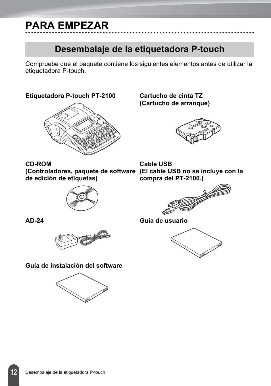 Para empezar, Desembalaje de la etiquetadora p-touch, P. 12 | Brother PT-2100 User Manual | Page 96 / 161