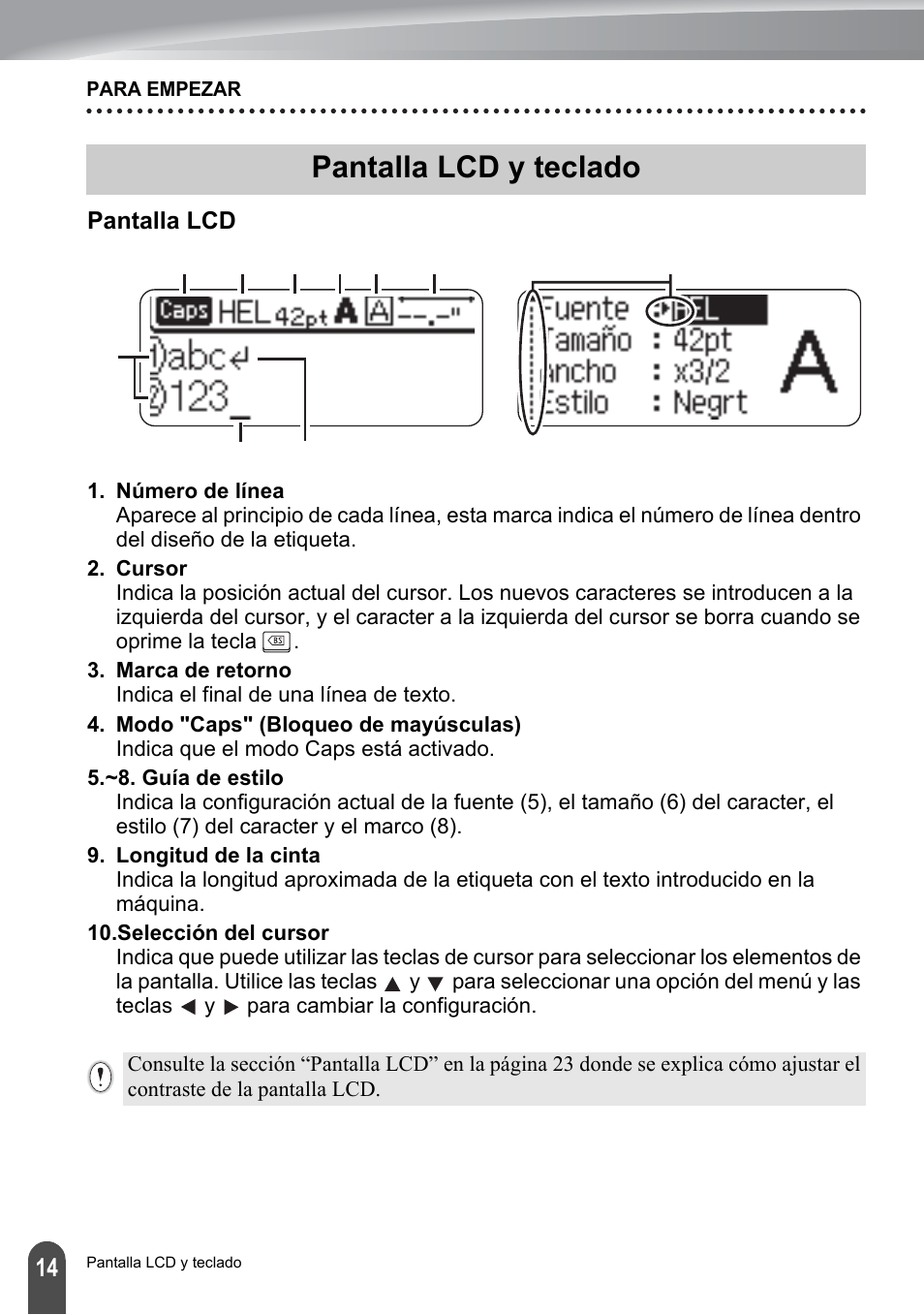 Pantalla lcd y teclado, Pantalla lcd | Brother PT-2100 User Manual | Page 98 / 161