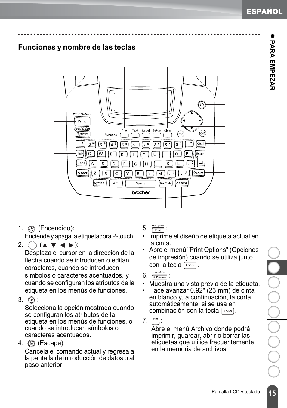 Funciones y nombre de las teclas | Brother PT-2100 User Manual | Page 99 / 161