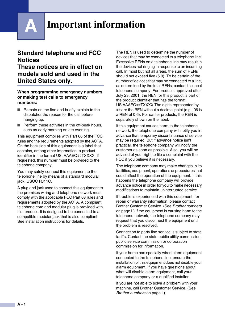 A important information, Important information, Standard telephone and fcc notices | Brother MFC-9420CN User Manual | Page 101 / 195