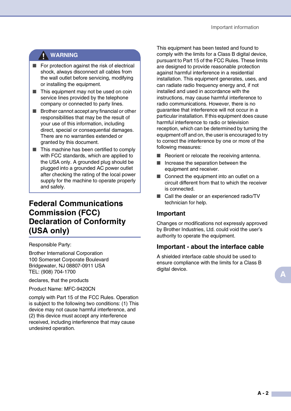 Important, Important - about the interface cable | Brother MFC-9420CN User Manual | Page 102 / 195