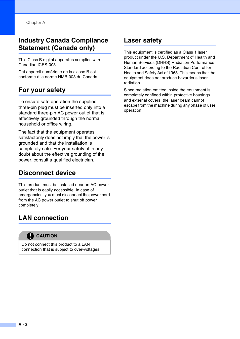 Industry canada compliance statement (canada only), For your safety, Disconnect device | Lan connection, Laser safety, Lan connection laser safety | Brother MFC-9420CN User Manual | Page 103 / 195