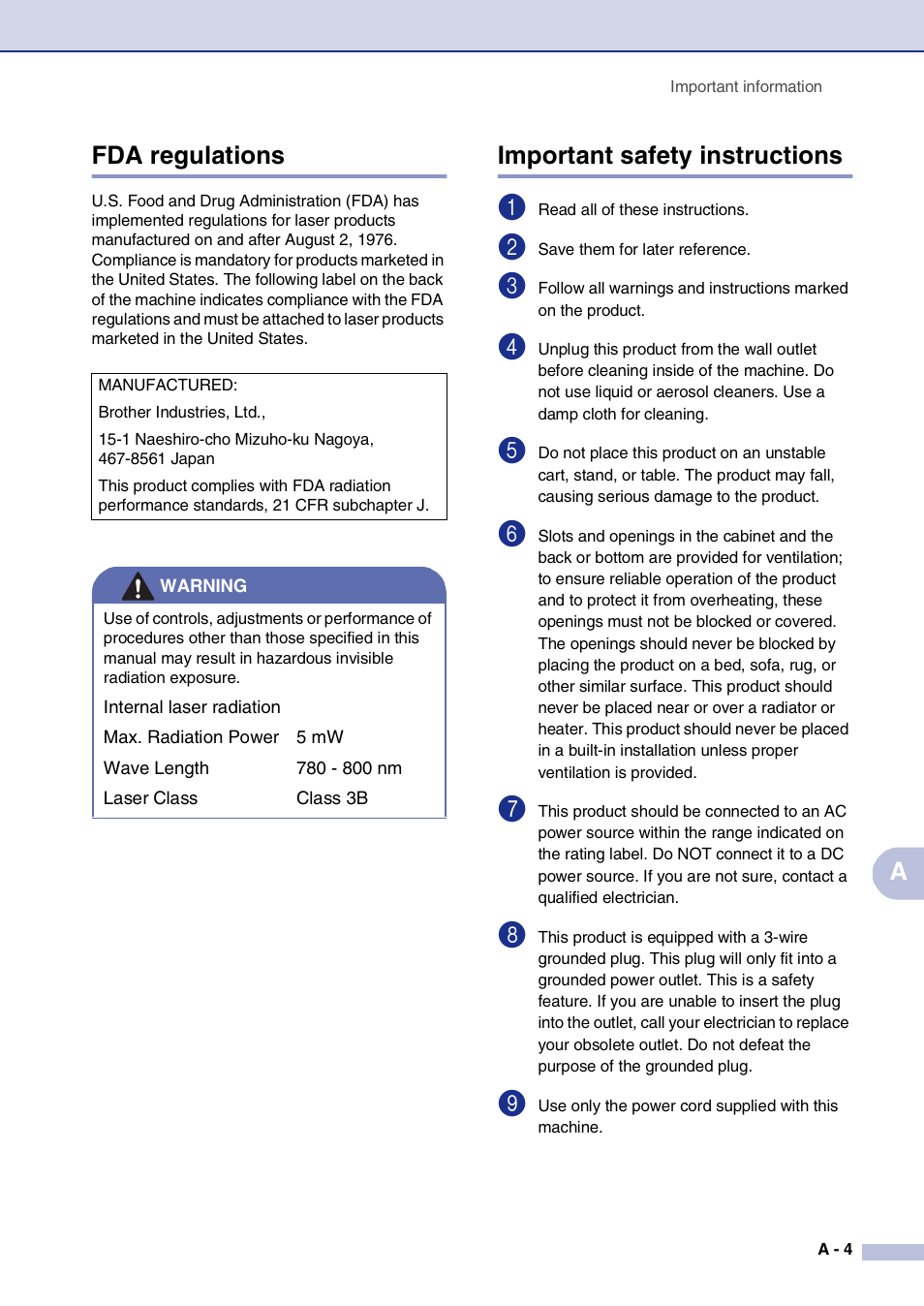 Fda regulations, Important safety instructions, Afda regulations | Brother MFC-9420CN User Manual | Page 104 / 195