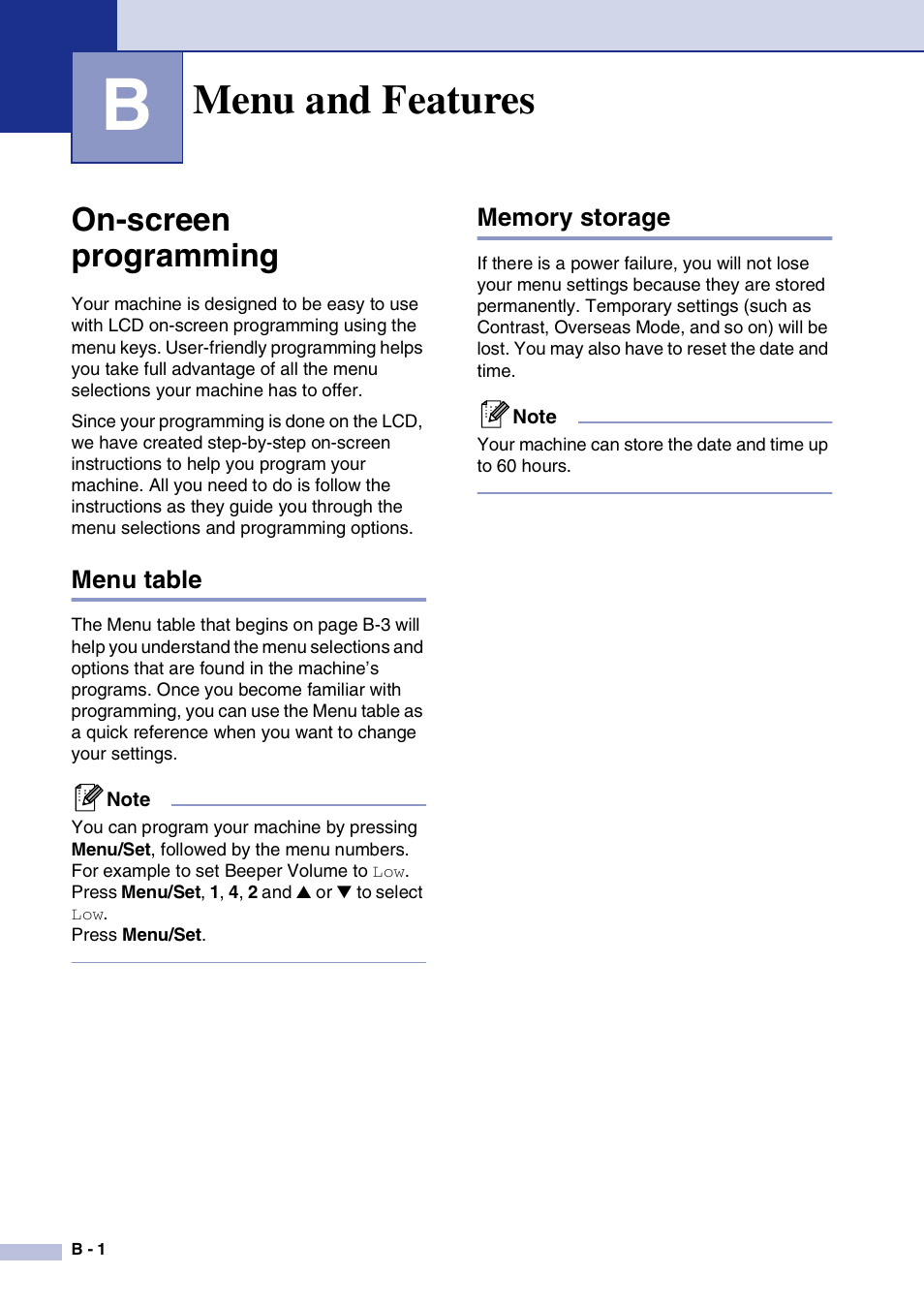 B menu and features, On-screen programming, Menu table | Memory storage, Menu and features | Brother MFC-9420CN User Manual | Page 111 / 195