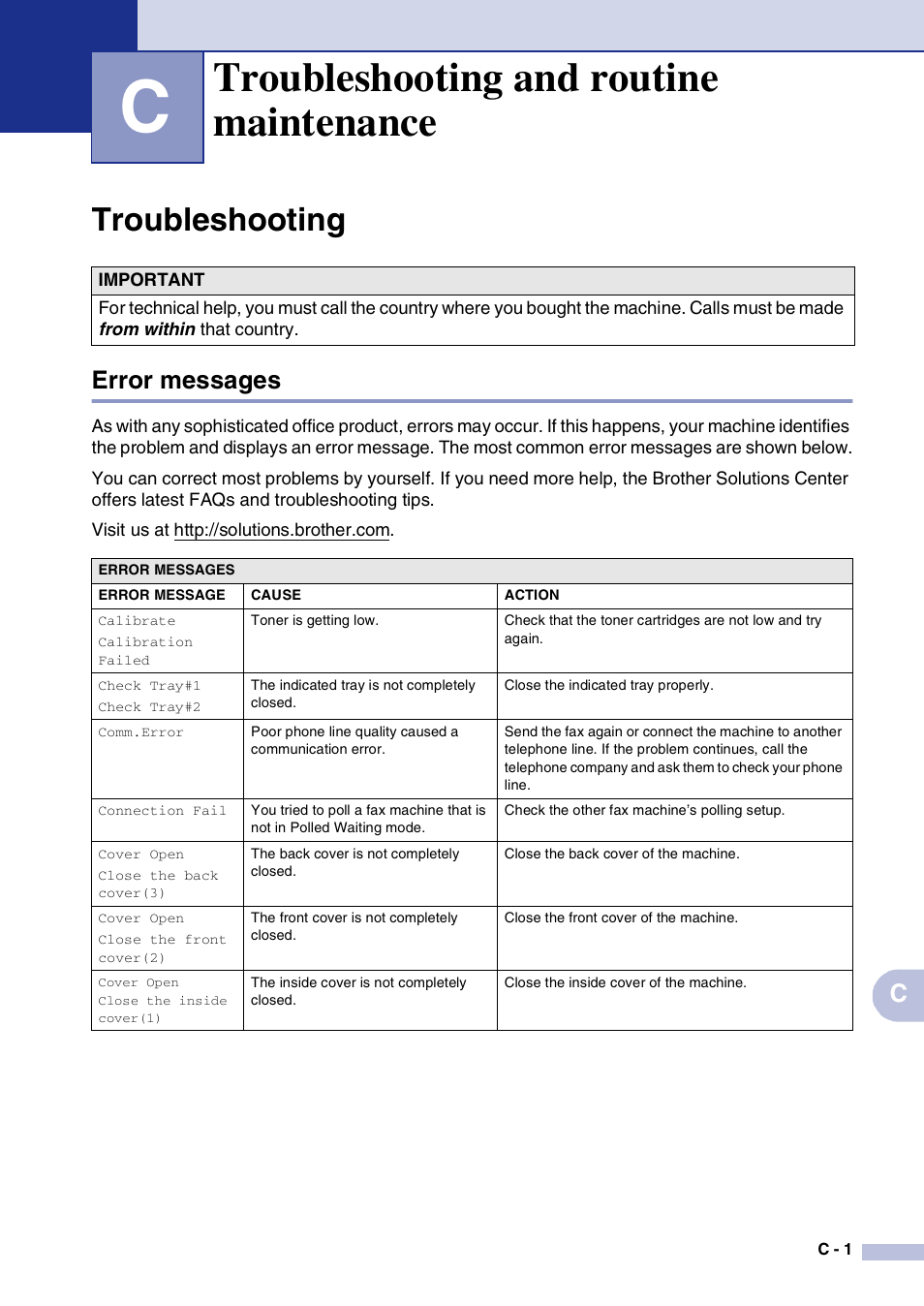 C troubleshooting and routine maintenance, Troubleshooting, Error messages | Troubleshooting and routine maintenance | Brother MFC-9420CN User Manual | Page 126 / 195