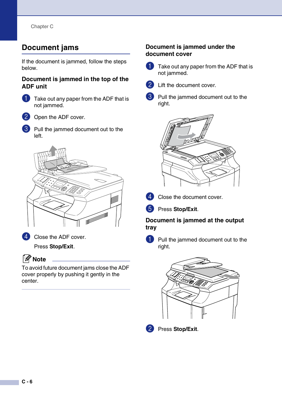 Document jams, Document is jammed in the top of the adf unit, Document is jammed under the document cover | Document is jammed at the output tray | Brother MFC-9420CN User Manual | Page 131 / 195