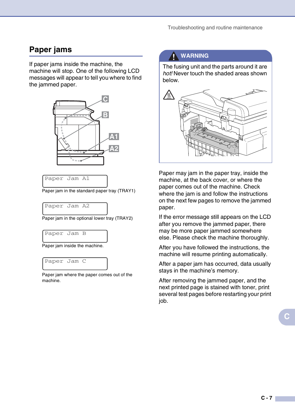 Paper jams, Cpaper jams, A1 c b a2 | Brother MFC-9420CN User Manual | Page 132 / 195