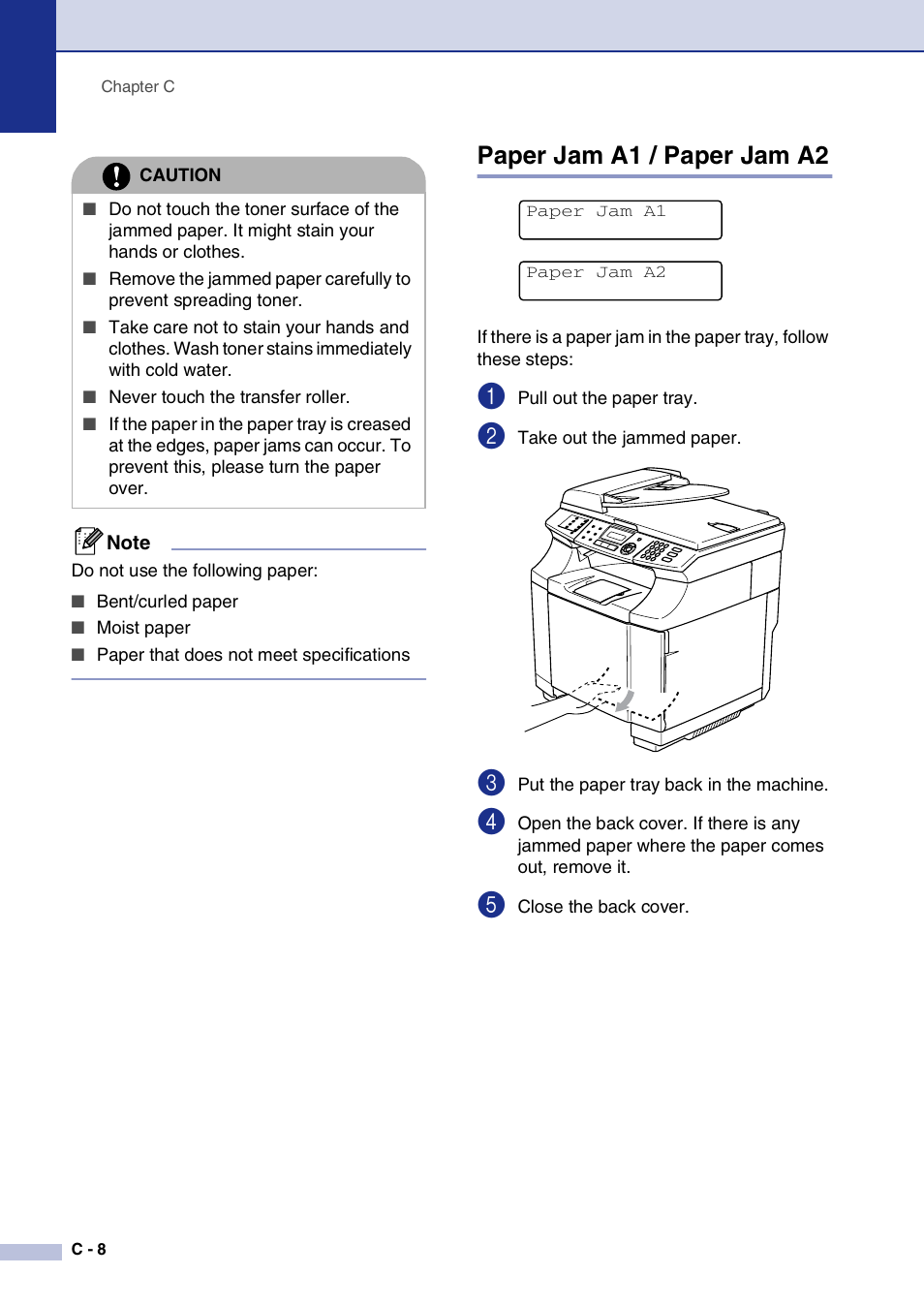 Paper jam a1 / paper jam a2 | Brother MFC-9420CN User Manual | Page 133 / 195