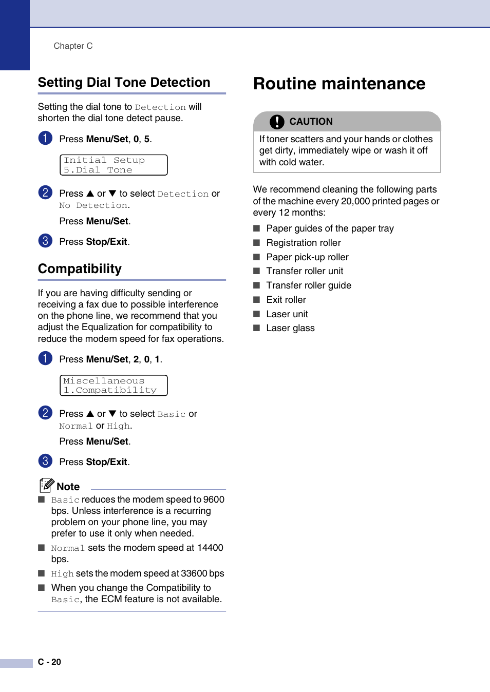 Setting dial tone detection, Compatibility, Routine maintenance | C-20 | Brother MFC-9420CN User Manual | Page 145 / 195