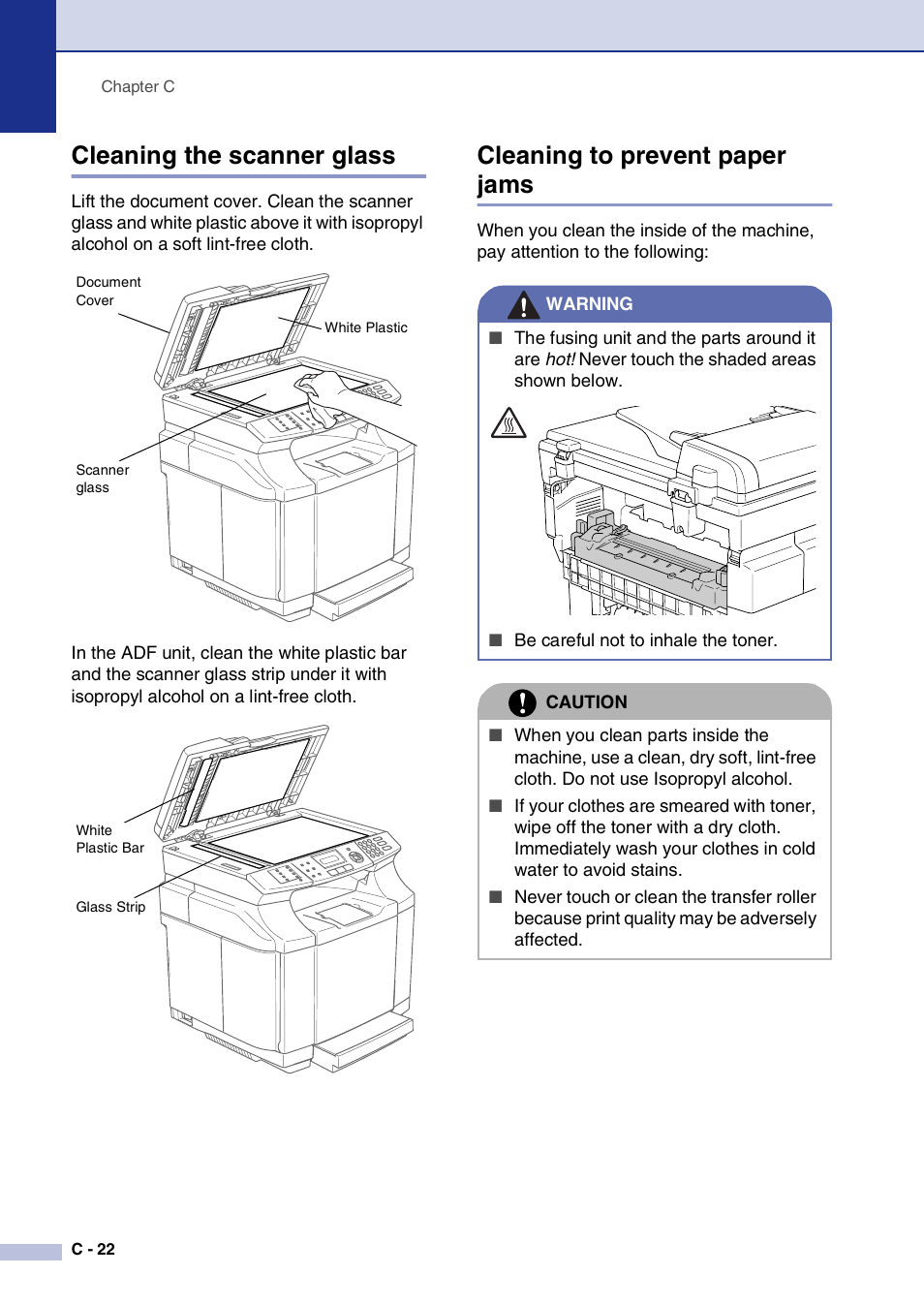 Cleaning the scanner glass, Cleaning to prevent paper jams | Brother MFC-9420CN User Manual | Page 147 / 195