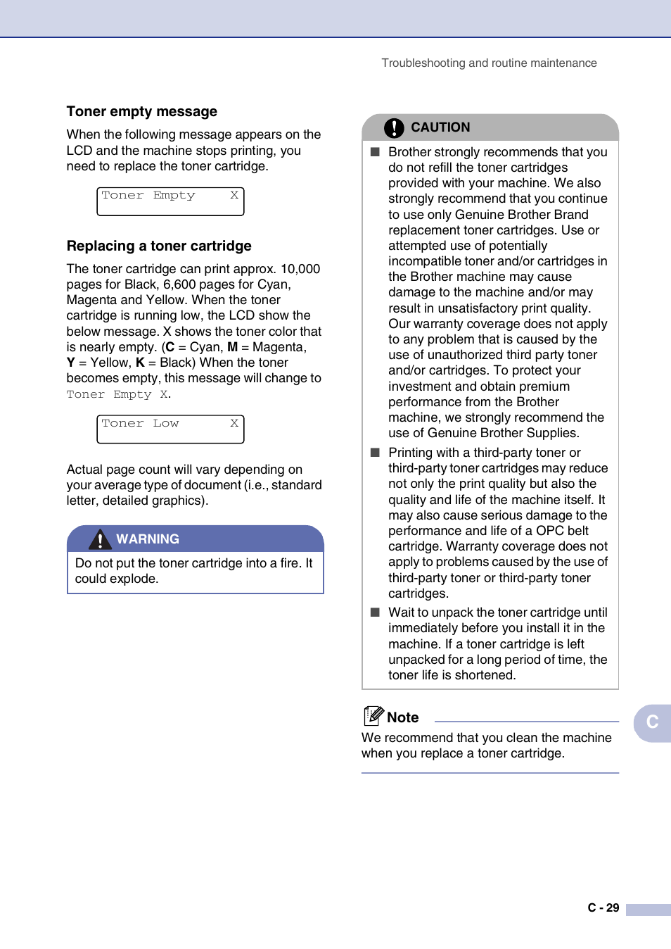 Toner empty message, Replacing a toner cartridge | Brother MFC-9420CN User Manual | Page 154 / 195