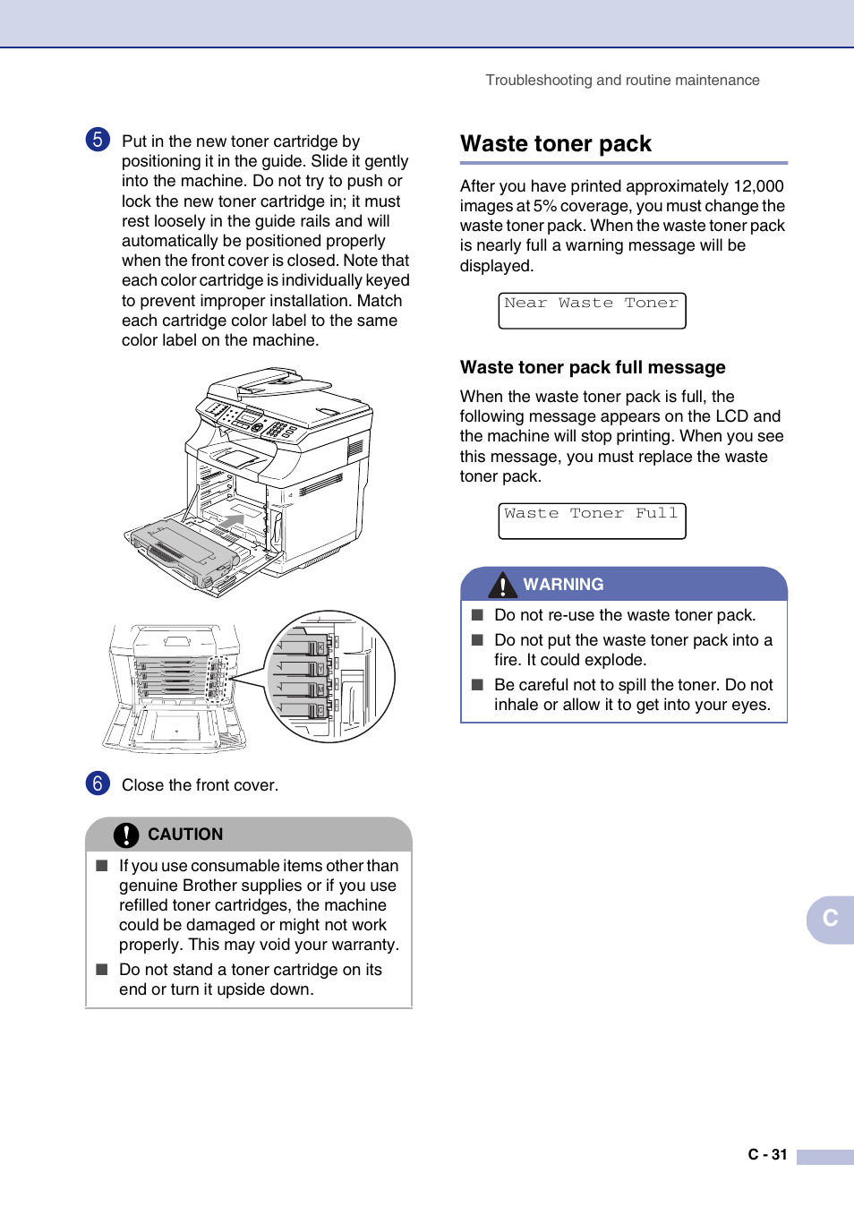 Waste toner pack, Waste toner pack full message | Brother MFC-9420CN User Manual | Page 156 / 195