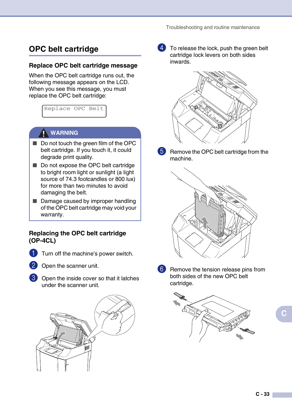 Opc belt cartridge, Replace opc belt cartridge message, Replacing the opc belt cartridge (op-4cl) | Copc belt cartridge | Brother MFC-9420CN User Manual | Page 158 / 195