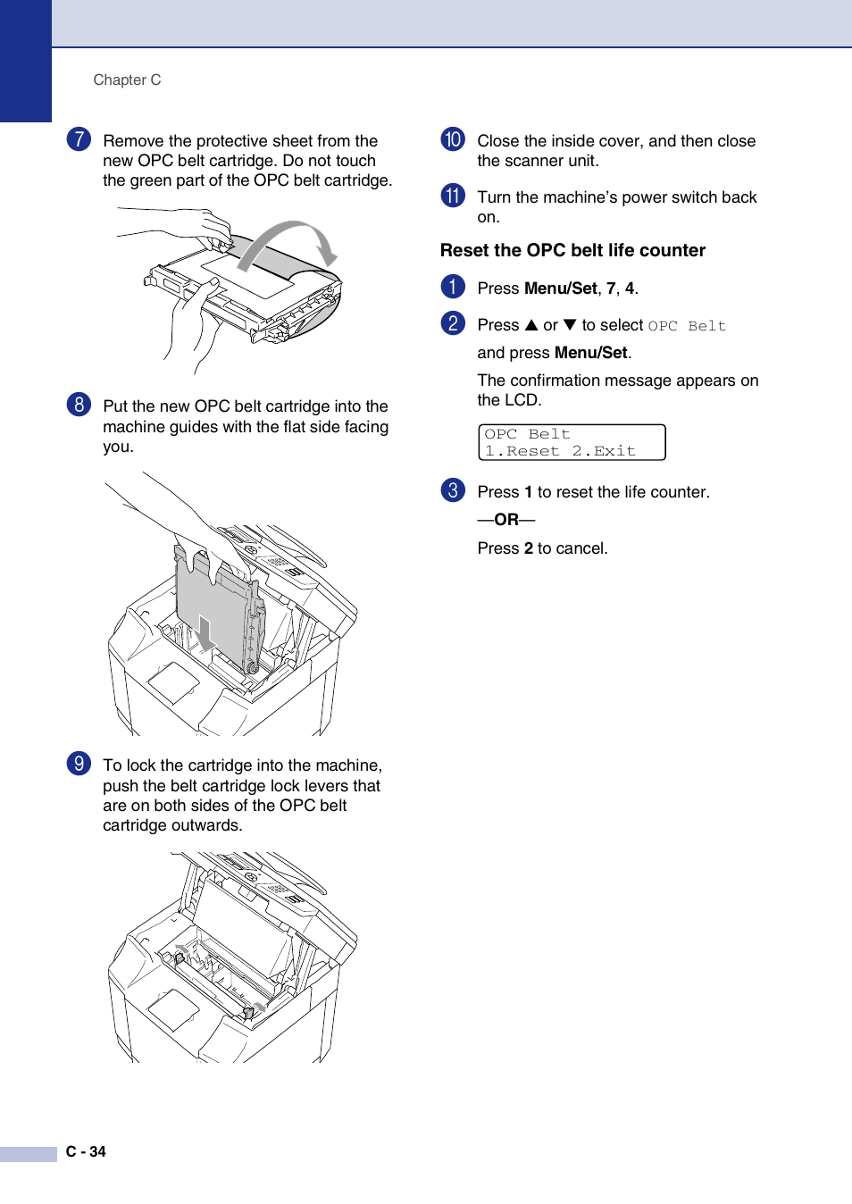 Reset the opc belt life counter | Brother MFC-9420CN User Manual | Page 159 / 195