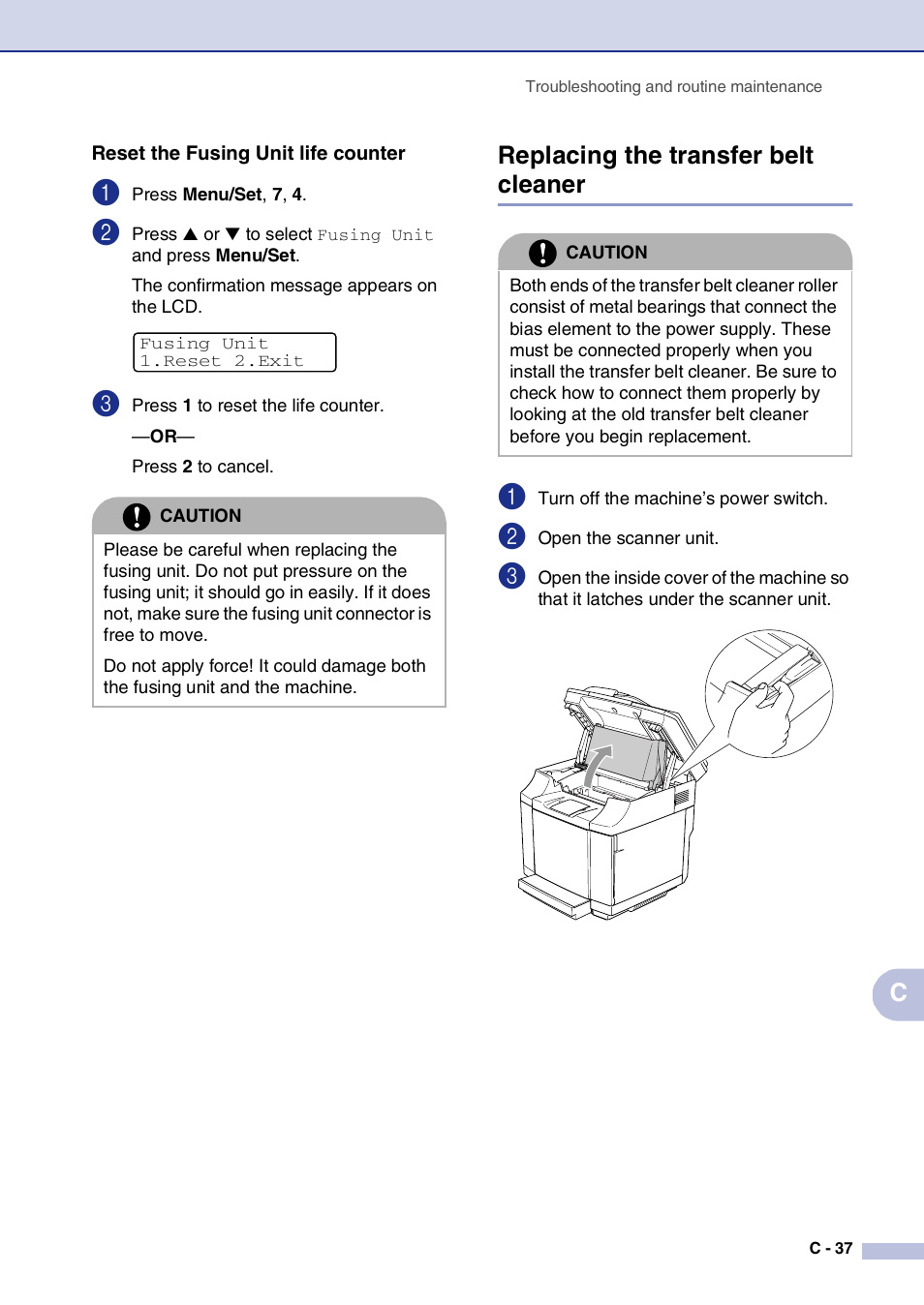 Reset the fusing unit life counter, Replacing the transfer belt cleaner | Brother MFC-9420CN User Manual | Page 162 / 195
